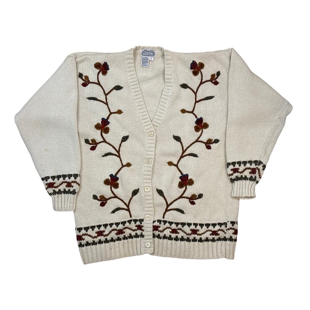 Vtg The Villager cardigan sweater floral embroidered Large Raime Cotton Blend